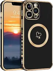 GUAGUA for iPhone 13 Pro Max Case Magnetic, Cute Heart Pattern Lovely, Soft TPU Gold Plating Cover Women Girl Drop Protection & 4 Corners Shockproof, Compatiable with Magsafe, Stylish Phone Case,Black