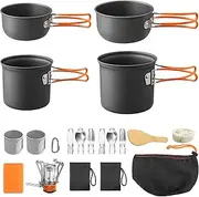 FUNYKICH 15PCS Portable Camping Cooking Set with Stove Top, Non-Stick Camping Pots and Pans Set, Lightweight Stackable Pot Pan Bowls Soup Spoon with Storage Bag for Camping, Outdoor Cooking