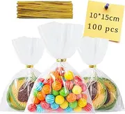100PCS Ling-Luo Clear Cellophane Bags, 10cmx15cm Small Treat Bags With Twist Ties for Cake Pops, Candy, Goodies, Rice Crispy Treats, Favors, Birthday Party (4'' x 6'')