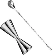 Changyeah Cocktail Measuring Cup 30ml/45ml, 1 Stainless Steel Double Cocktail Jigger Spirit Measure and 1 Bar Twisted Spoon for Bar Party Home Bartender Wine Drink, Jigger for Bartending, Silver