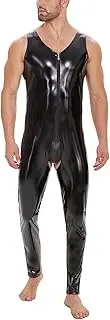 [xokesy] Men Shiny Leather Jumpsuit, Sexy Open Crotch, Glossy Latex Bodysuit Crotchless