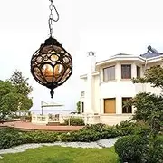 Mengjay Vintage Pendant Lights Outdoor Waterproof Ceiling Lights Industrial Aluminum Glass Hanging Chandelier Lighting E27 Retro Spherical Glass Lantern Pendant Lights Adjustable for Villa, Yard, Indoor, E27 (A, Black)