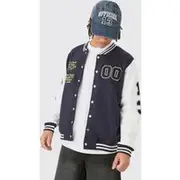 Mens Navy Regular Fit Jersey Varsity Bomber Jacket With Badges