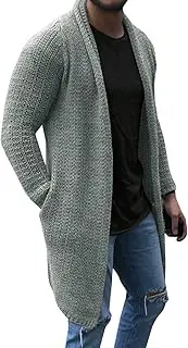[Runcati] Mens Cardigan Sweater Shawl Collar Chunky Warm Open Front Long Sleeve Knit Slim Fit Coats with Pockets, Grey, Medium