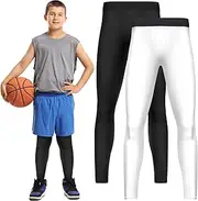 [Haysandy] Boys' Compression Leggings 2 Pack Athletic Tights Basketball Compression Pants Boys Sport Leggings