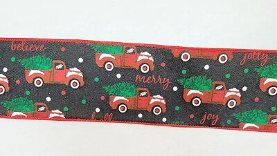 Christmas Retro Truck Design Wired Printed Ribbon, 2.5-Inch 2-Yard