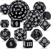 AUSTOR 15 Pieces Complete Polyhedral Dice Set D3-D100 Game Dice Set with a Leather Drawstring Storage Bag for Role Playing Table Games(Black & White)