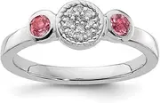 [Stackable Expressions] 925 Sterling Silver Bezel Polished Prong set Stackable Db Round Pink Tourm. and Dia. Ring Size 10-Stackable-Ring for Women