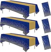 Suhelkit Blue and Gold Party Tablecloth Decorations, 3Pcs Disposable Blue Rectangle Table Covers Printed Gold Table Runner & Dot, for Birthday Baby Shower Wedding Anniversary Graduation, 55in x 86in