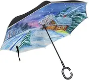 Double Layer Inverted Umbrella Cars Reverse Umbrella Winter Landscape Snow Watercolor Windproof UV Proof Travel Outdoor Umbrella