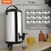 Stainless Steel Insulated Beverage Dispenser, 9.2 Liter, Thermal Hot and Cold Drink Server Dispenser with Spigot Handle, Food-grade for Hot Tea Coffee Water Restaurant Drink Shop