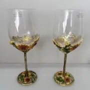 Wine Glasses, Metal Floral Design Stem, NEW Set Of 2. CR