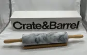 Crate & Barrel 18" White Marble Rolling Pin With Wood Base 141-348 New in Box