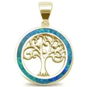 Yellow Gold Plated Blue Opal Family Tree Of Life Whimsical .925 Sterling Silver