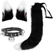 Handmade Cat Ears and Wolf Fox Animal Tail Cosplay Costume Faux Fur Hair Clip Headdress Halloween Leather Neck Chocker Set