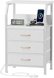 [Furnulem] Night Stand with Charging Station, 28.3 Inch Tall Bedside Table with PVC & Fabric Drawers, Side Table with USB Ports & Outlets, 3 Drawer Storage Nightstand for Bedroom, 3 Ways to Use, White
