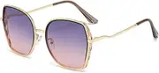 HMKING Large Metal Square Frame Polarized Sunglasses for Mens Womens Retro Mirrored Lens Sun glasses for Driving Fishing, Purple-gray-pink