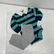 Carters Infant Boys 2-Pcs LS Navy Green Striped Polo Bodysuit & Pant Set 12M