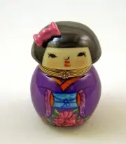 New French Limoges Trinket Box Japanese Kokeshi Doll in Amazing Floral Kimono