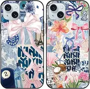 Phoona 2 Pack Cute Bow Case for iPhone 15 Plus 6.7", European Collage Preppy Summer Girly Design Pattern for Girls Women, Slim Soft Silicone Shockproof Bumper Protector Cover, Blue 01
