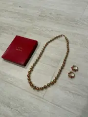 RARE VTG KJL Kenneth Jay Lane Gold Red Crystal Earrings Necklace Set Ball Sphere