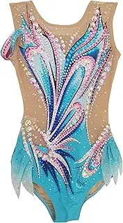 [JoyCan] Rhythmic Gymnastics Leotards Blue Butterfly Print Diamond Sleeveless Girls Competition Performance
