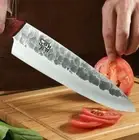 Chef Santoku Knife Stainless Steel Full Tang Wood Handle Hammered Beef Slicing L