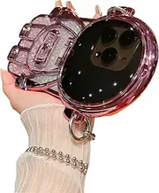 [QoKcoahn] Astronaut Hidden Stand Phone Case for iPhone 14 Pro Max,Cute 3D Astronaut Lens Camera Protection Kickstand Luxury Glitter Bling Soft TPU Protector with Mirror Metal Chain for Women Pink