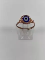 Handmade ~ Copper Wire Wrap ~ Evil Eye Glass Bead Ring ~ Size 7 1/2 #108