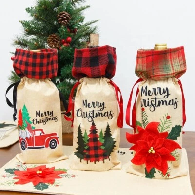 3 Pcs Christmas New Year Wine Bottle Covers Drawstring Wine Bottle Gift Bag