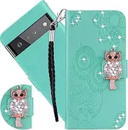 Ysnzaq Case for Google Pixel 7 Pro 6.7 Inches, Owl Embossed Bling Glitter PU Leather Wallet Flip Case with Stand Function Shockproof Mobile Phone Case Protective Cover for Pixel 7 Pro YK Green