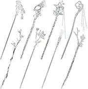 inSowni 8 Pieces Decorative Retro Crystal Pearl Silver Hair Sticks Pins with Pendants Asian Chinese Hanfu Cloud Star Lotus Flower Hair Forks Chopsticks Bun Updo Holders Long Hairpins for Women Girls