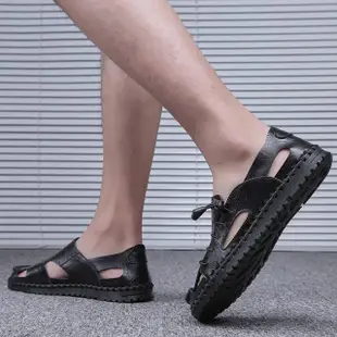 【ANSEL】真皮涼鞋/真皮復古拼接手工縫線束帶造型涼鞋-男鞋(黑)