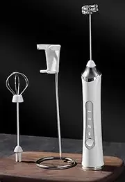 Rechargeable Milk Frother Handheld Blender, Dual-Use, 2 Heads, 3 Speeds, USB-Powered, Easy Clean, Stainless Steel Whisk, Perfect for Coffee, Latte, Cappuccino, Desserts and Egg, White