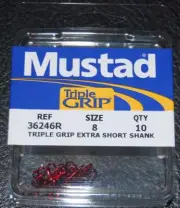 10 Pack Mustad 36246R Blood Red Size 8 Triple Grip Bend Treble Hooks Crankbaits