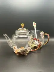 Vintage Teabloom Teapot & Cup Glass Blooming Tea Teapot Set W/ Spoon NIB