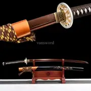 Japanese Samurai Katana Damascus Folded Steel Sword Full Tang Sharp Red Blade.