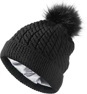 [SHINCHIC] Womens Winter Satin Lined Beanie Hat Cuffed Cable Knit Detachable Faux Fur Pompom Silky Lined Warm Cap