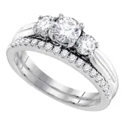 14k White Gold Round Diamond 3-Stone Bridal Wedding Ring Set 1 Cttw