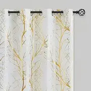 FMFUNCTEX Linen Semi Sheer Curtains, Gold Foil Metallic Print White Tree Panel for Bedroom & Living Room, Light Filtering 54 Inch Grommet Top 2 Panels