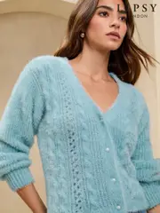 Lipsy Blue Cosy Eyelash Cable Stitch Pearl Effect Button V-Neck Cardigan (AL3516) | $77