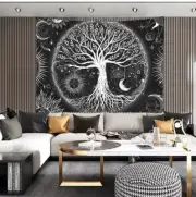 Tree of Life Tapestry Black/White Sun Moon Space Tapestry Wall Hang Decor 60"X80