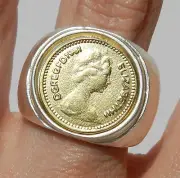 Queen Elizabeth Coin Silver 925 & Yellow Gold 24K Plate Hammered Ring Sz 8