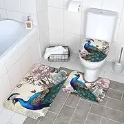 3 Piece Bathroom Rugs Sets Super Absorbent Bathroom Mats Set Non-Slip Bath Rug Washable Contour Mat and Toilet Lid Cover Peacock Floral Bath Mats Carpet for Bathroom Shower Rug
