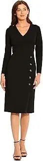 [Maggy London] Women's V-Neck Midi with Side Skirt Buttons Detail