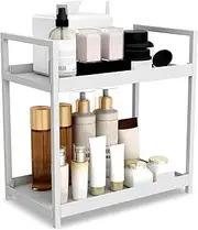 2-Tier Bathroom Counter Organizer with Basket, Vanity Tray Shelf, Bathroom Organizer Countertop, Vanity Organizer Bathroom Tray, Makeup and Skincare Organizers for Vanity Kitchen Spice Rack (White)