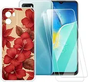 ESACMOT Red Flowers Pattern Case Compatible with Vivo iQOO U5X + [2 Pack] Screen Protector Tempered Glass, Shockproof Case Cover for Vivo Y15C (6.51 inch)