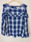 NWT LOFT Womens Large New Blue Plaid Rayon Ruffle Blouse Top Popover N51