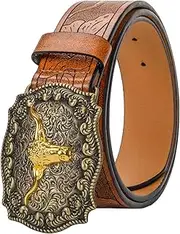 [UTOWO] Western Leather Cowboy Buckle Belt for Men Women Jeans Engraved Floral Longhorn Bull Texas Buckle Belt (27-41" waist)