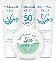 BERGMAN KELLY Round Hotel Soap Bars, Shampoo & Conditioner 3-Piece Set (1 oz each, 150 pc, White Tea), Delight Your Guests with Revitalizing & Refreshing Mini Travel Toiletries & Bulk Amenities